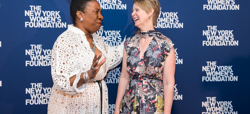 Photo of New York Women's Foundation Celebrating  Women  honoree and  #MeToo  Movement  Founder  and  Leader  Tarana  Burke  with  actress  and  New York State Gubernatorial  Candidate  Cynthia  Nixon.    