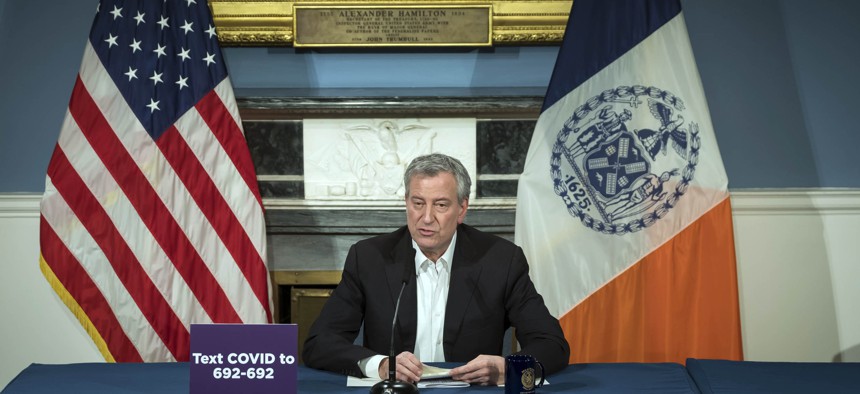 New York City Mayor Bill de Blasio at a March 29 press conference. 