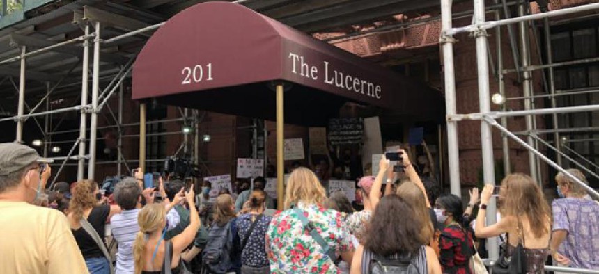 Protestors at the Lucerne Hotel on September 9, 2020 on the Upper West Side.