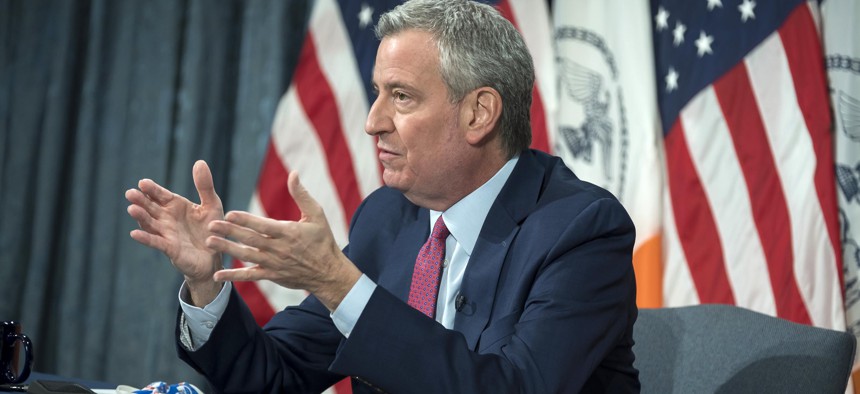 New York City Mayor Bill de Blasio at press conference.