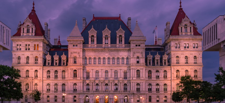 New York state capitol at sunset.