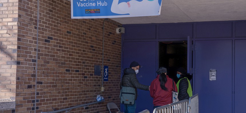 New York City Health Department Vaccine Hub at Hillcrest High School in Queens.