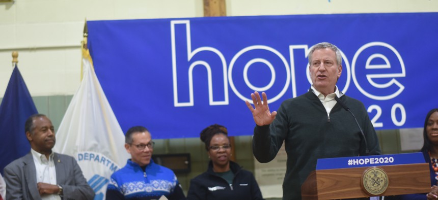 Mayor Bill de Blasio participates in the 2020 HOPE survey with HUD Secretary Ben Carson and DHS Commissioner Steven Banks in Midtown Manhattan.