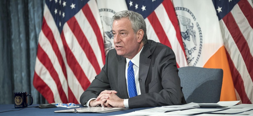 New York City Mayor Bill de Blasio at a press conference.