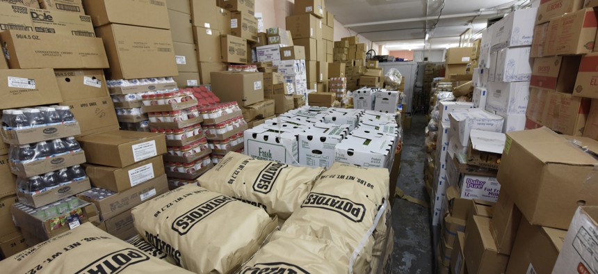 Sacks of food at food pantry operated by the Bed-Stuy Campaign Against Hunger.