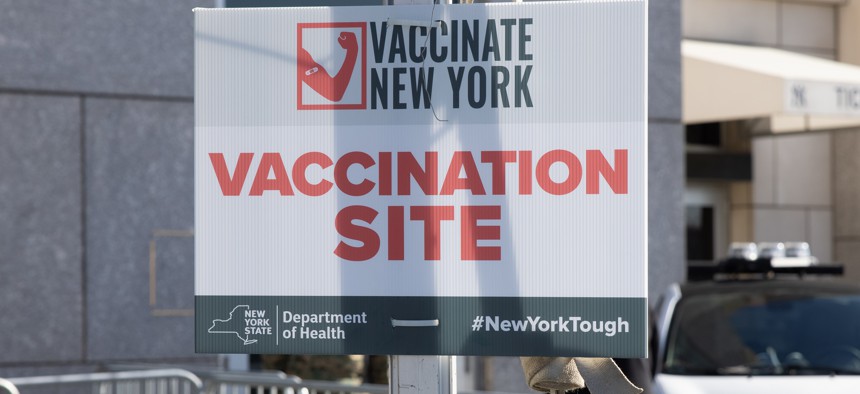 A vaccination site sign outside Yankee Stadium.