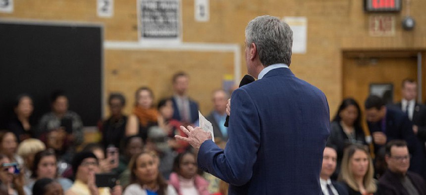 New York City Mayor Bill de Blasio speaks at a forum with public school parents