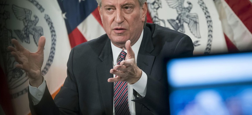 New York City Mayor Bill de Blasio at press conference.