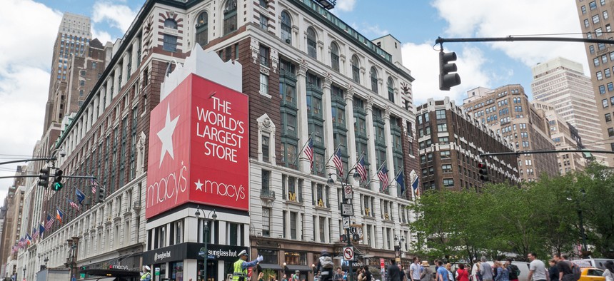 Wide-shot of Macy's flagship store in midtown Manhattan.