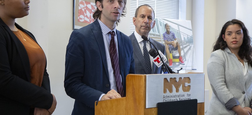 New York City Council Member Stephen Levin announcing funding for the Fair Futures initiative alongside the city Administration for Children’s Services in 2019.