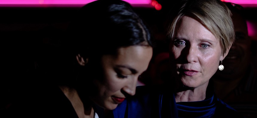 New York Attorney General candidate Zephyr Teachout is the latest politician to highlight her association with Alexandria Ocasio-Cortez (left), the 'It Girl' in state politics, who has also appeared with gubernatorial canidate Cynthia Nixon (right).