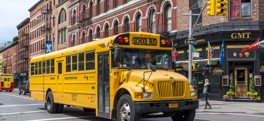 School bus driving through Manhattan