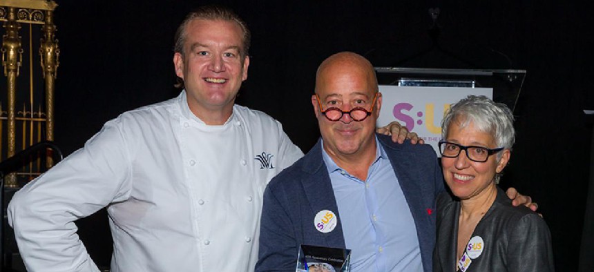 Michael White, chef and owner of Altamarea Group, celebrity chef Andrew Zimmern, and Donna Colonna, CEO of Services for the UnderServed.