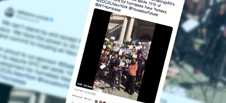 Tweets showing an Oct. 31 rally in front of New York City Hall to push for more housing for homeless.