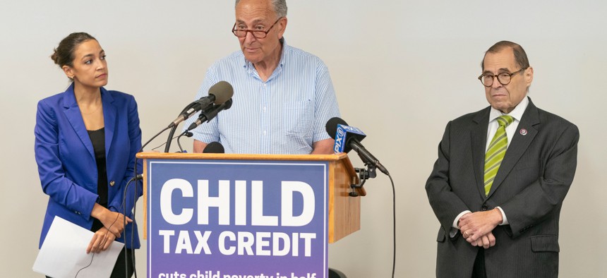 U. S. Senate Majority Leader Chuck Schumer promoting the Child Tax Credit alongside Rep. Alexandria Ocasio-Cortez and Rep. Jerry Nadler.