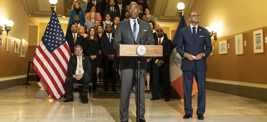 New York City Mayor Eric Adams and Schools Chancellor David Banks introduce new public school superintendents at Tweed Courthouse in June. 