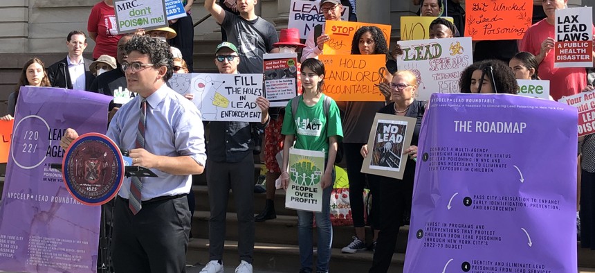 New York City Council member Lincoln Restler speaks at a press conference held by the New York City Coalition to End Lead Poisoning outside City Hall on Thursday.