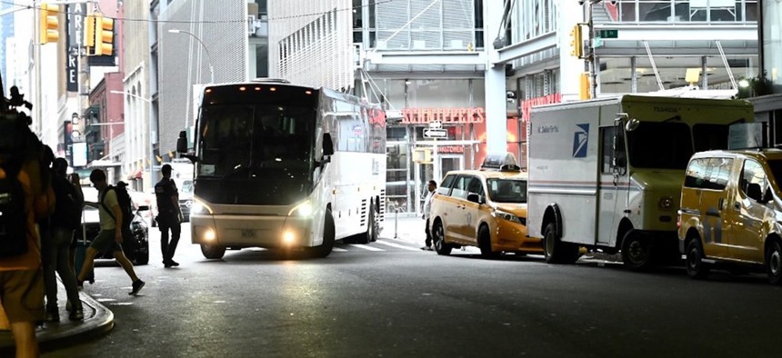 Asylum-seekers arriving in New York City from Texas. Diane Bondareff