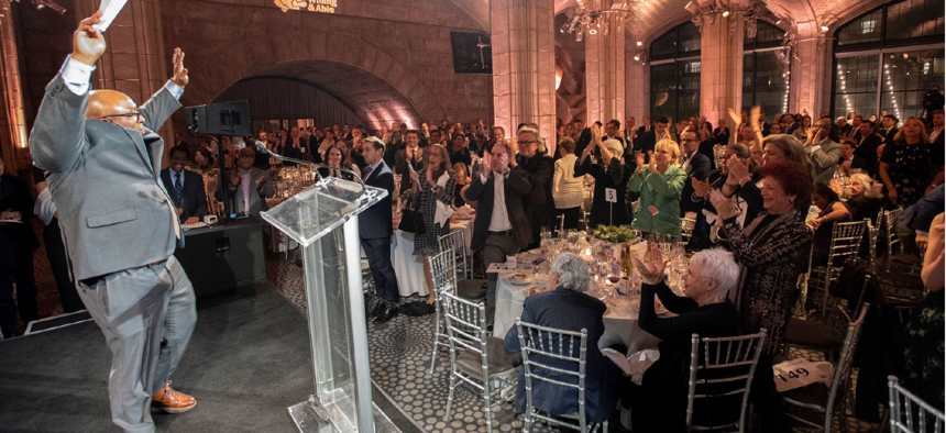 Carlos Jones, a graduate of the Doe Fund's Ready, Willing & Able program, speaks at the nonprofit's annual gala Oct. 20.