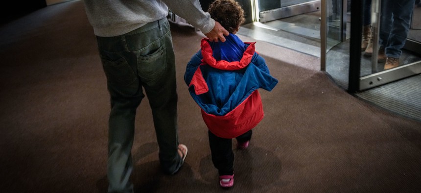 Migrants arriving at a midtown Manhattan hotel earlier this month.