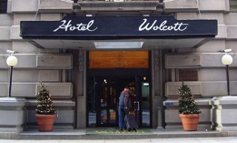 The front entrance to the Hotel Wolcott in New York City. 