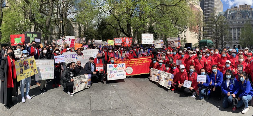 A Chinese-American Planning Council rally outside City Hall. 