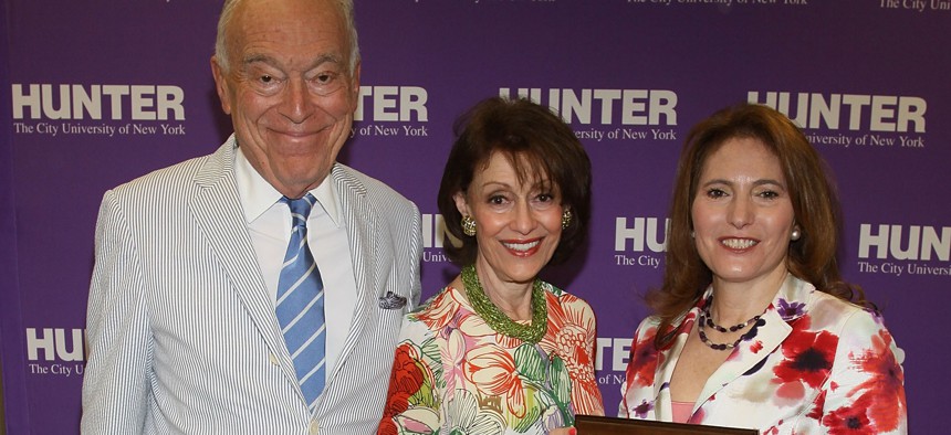 Leonard Lauder (left), his wife Evelyn (center) and Hunter College President Jennifer Raab attend the 2010 Hunter College High School Commencement. 
