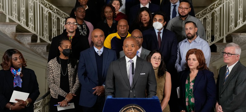 New York City Mayor Eric Adams announces reforms to the city’s FHEPS housing voucher program at City Hall on November 14, 2022. 