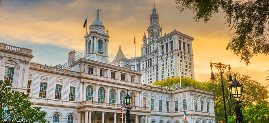 New York City Hall with the New York City Municipal Buidling in the background.