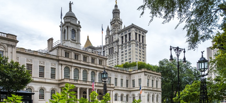 New York City Hall with the Manhattan Municipal Building in the background. 