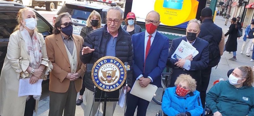 Attorney Arthur Schwartz holds a press conference with the 504 Democratic Club and Senate Majority Leader Chuck Schumer to announce elevators and elevator ramps will be installed and made accessible on subway stops along 14th St. in Manhattan after prior plans were stalled.