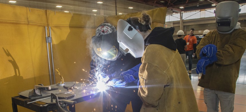 A welding demonstration at Construction Career Day