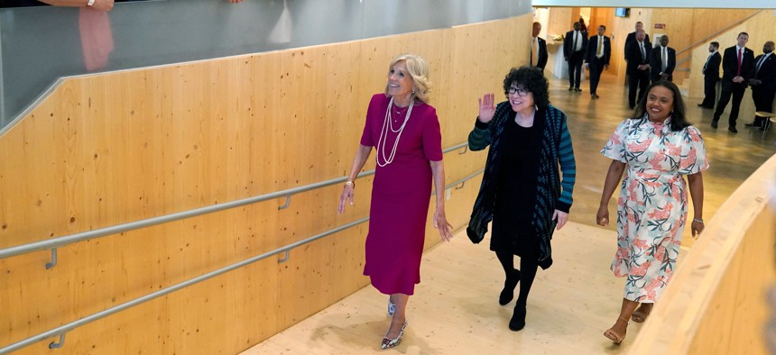 From left to right, First lady Jill Biden, U.S. Supreme Court Justice Sonia Sotomayor and Denise Rosario Adusei, executive director of the Bronx Children's Museum, arrive at the museum in New York on May 3, 2023 to celebrate the opening of its permanent home and its new multicultural education programming. 