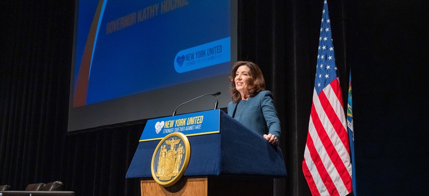 Gov. Kathy Hochul delivers remarks at the Unity Summit to address hate crimes and violence.