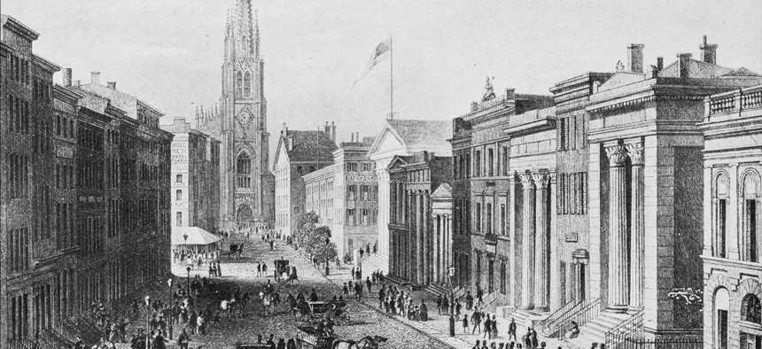 An illustration of the early days of Manhattan’s Financial District.
