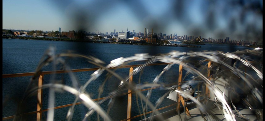 View of Manhattan from the Vernon C. Bain Correctional Center, a prison barge docked in the South Bronx near Rikers Island. This is the only prison barge in the U.S.