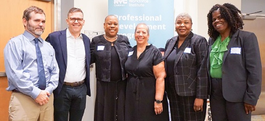 Left to Right): Deputy Commissioner Andrew White (ACS), Commissioner Jess Dannhauser (ACS), Dr. Sophine Charles (COFCCA), Dr. Norma Uriguen (ACS), Karen Dixon (Harlem Dowling), Associate Commissioner Cheryl Beamon (ACS) attend an in-person announcement of the ACS Provider Agency Scholarship Program, which was attended by ACS and provider agency leadership as well as prospective applicants.