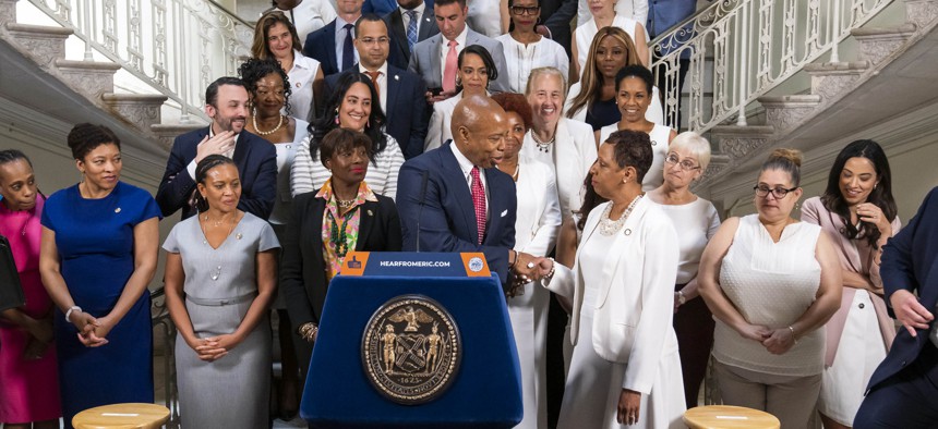 New York City Mayor Eric Adams, City Council Speaker Adrienne Adams announce an agreement on the $107 billion adopted budget for Fiscal Year 2024 at City Hall on June 29, 2023. 