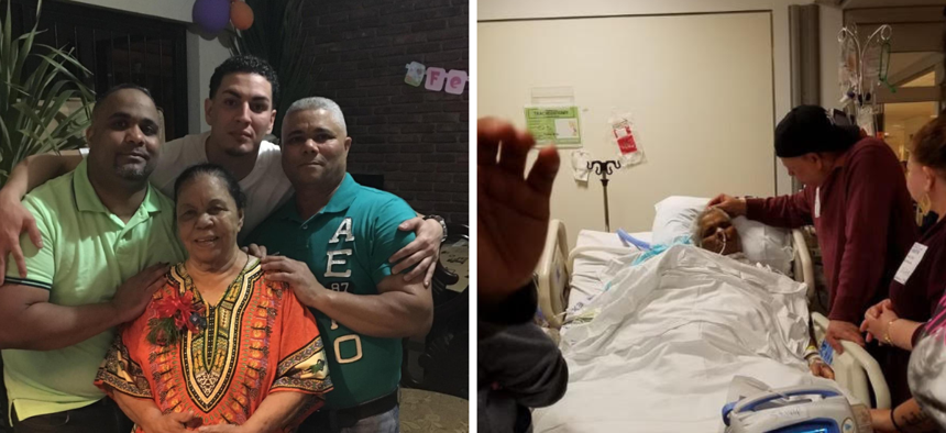 Left: Juan Francisco Flores Hidalgo with his family before he was sent to Rikers. Right: Flores Hidalgo died surrounded by family and friends in Bellevue Hospital, days after being released from Rikers on medical grounds.
