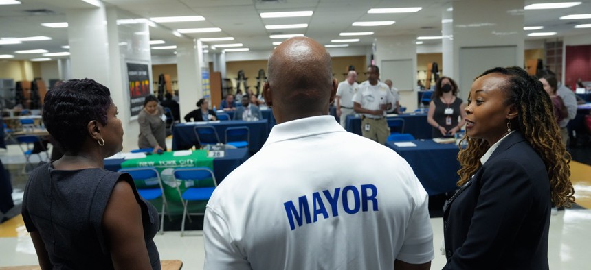 The mayor attended a hiring hall for city jobs on Aug. 28.