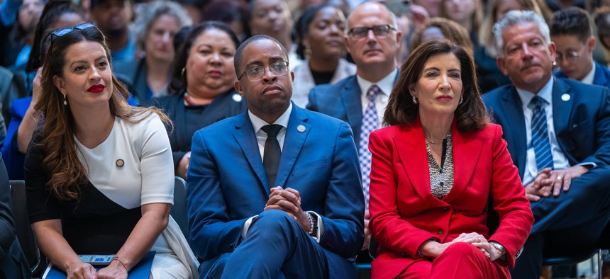From left, Assembly Member Catalina Cruz, state Sen. Zellnor Myrie and Gov. Kathy Hochul.