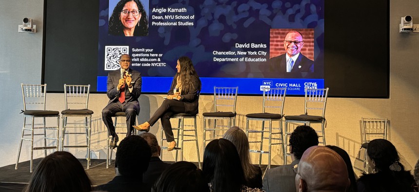 New York City School Chancellor David Banks sat down to speak with Angie Kamath, dean at the New York University School of Professional Studies, during the 2023 NYCETC Conference at Civic Hall off Manhattan’s Union Square Wednesday