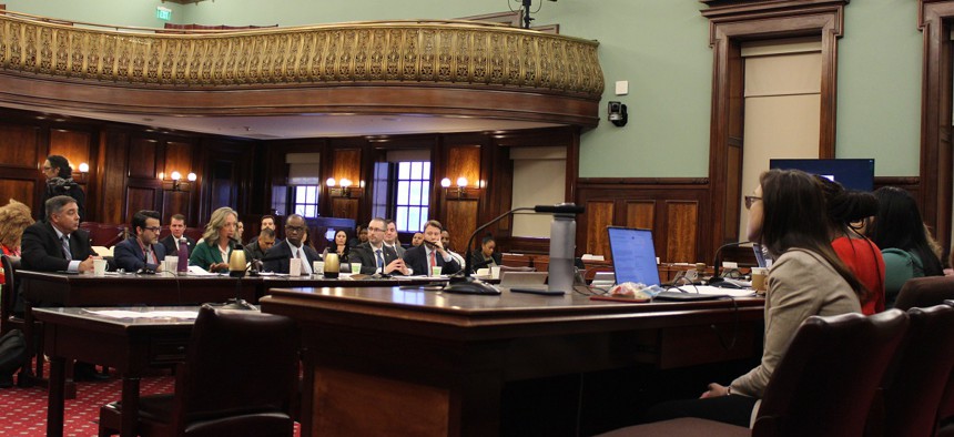 Members of the Adams administration appear before a New York City Council oversight hearing on procurement shelter services Tuesday, Dec. 12, 2023.
