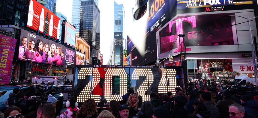 The New Year's Eve 2024 electric sign arrives in Times Square on December 20, 2023. 