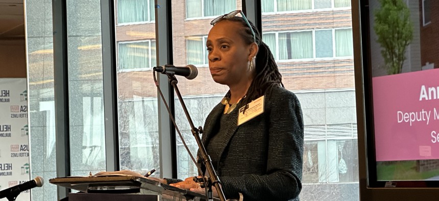 New York City Deputy Mayor for Health and Human Services Anne Williams-Isom speaks at HELP USA's annual Upstream Symposium at the Museum of Jewish Heritage in Lower Manhattan.