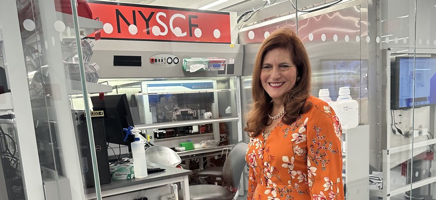 Former Hunter College President Jennifer Raab, now president and CEO of the New York Stem Cell Foundation, stands outside the nonprofit’s research lab at its headquarters on Manhattan’s West Side.