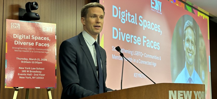 New York City Council Member Erik Bottcher speaks to attendees at the Diverse Spaces, Diverse Faces summit presented by Equality New York in collaboration with City & State, on Thursday at the New York Law School