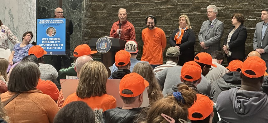 Lawrence Fein delivers remarks at the New York Disability Advocates rally at the Legislative Office Building in Albany in April 3, 2024