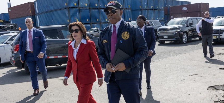 New York City Mayor Eric Adams and Gov. Kathy Hochul announce the redevelopment plans for the Brooklyn Marine Terminal on May 14, 2024 in the Red Hook neighborhood of Brooklyn, New York.