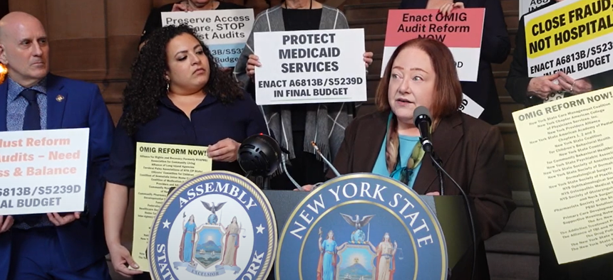 New York State Council for Community Behavioral Healthcare Executive Director Lauri Cole (in front of microphone)